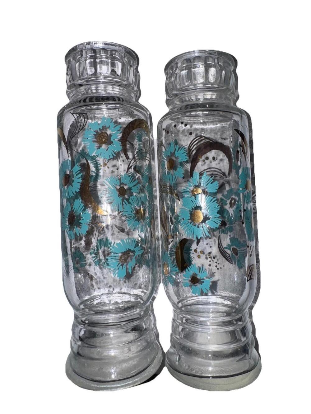 Two (2) Vintage Turquoise And Gold 1960s Apothecary Jar 8” Mid Century Modern